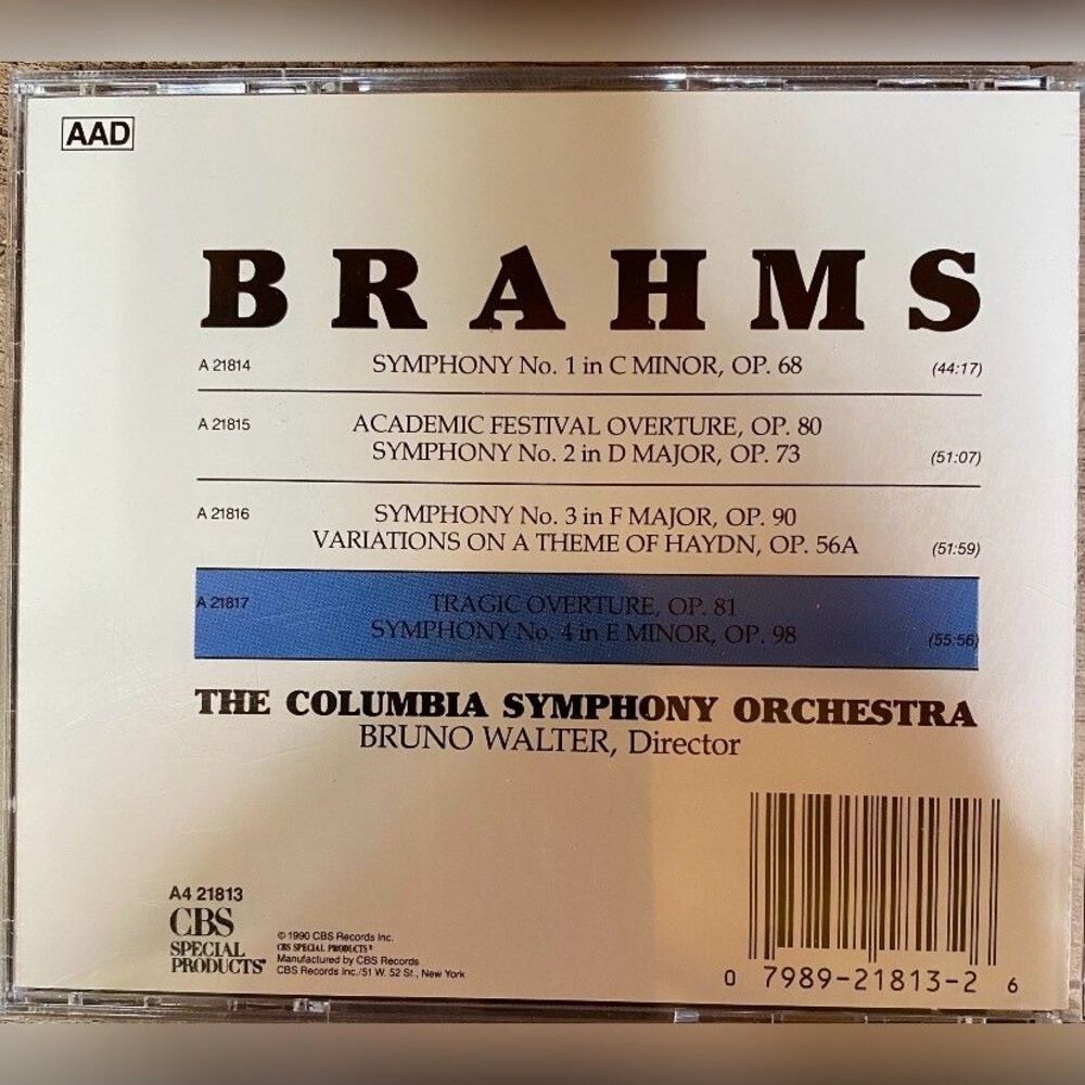Brahms CD Tragic Overture Symphony No. 4 Bruno Walter Columbia Classical 1990